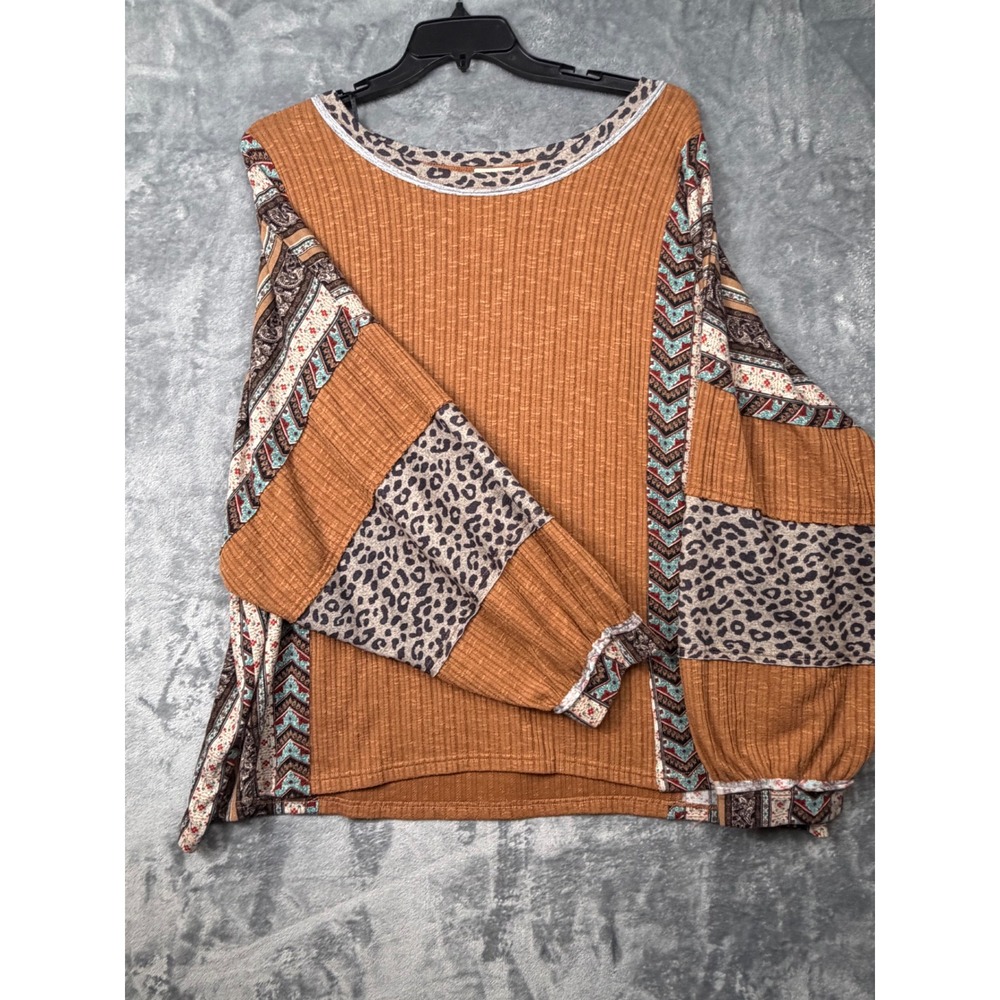 Gigio Plus Mixed Print Ribbed Knit Top Leopard Paisley Patchwork 1XL